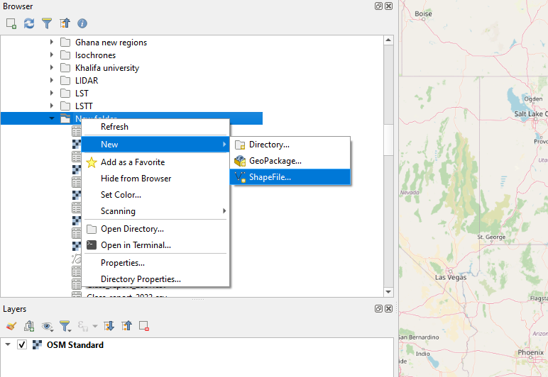 Screenshot showing the menu item for saving a new vector layer in QGIS.