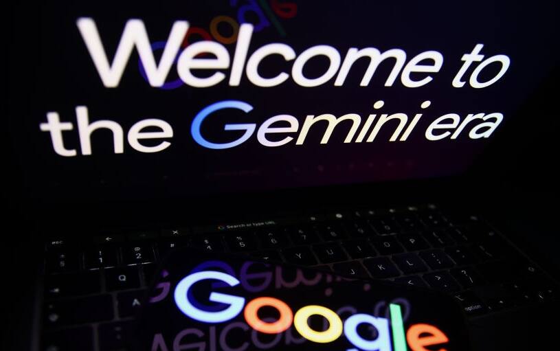 Gemini on website displayed on a laptop screen and Google logo displayed on a phone screen are seen in this illustration photo taken in Krakow, Poland on December 6, 2023. (Photo by Jakub Porzycki/NurPhoto via Getty Images)