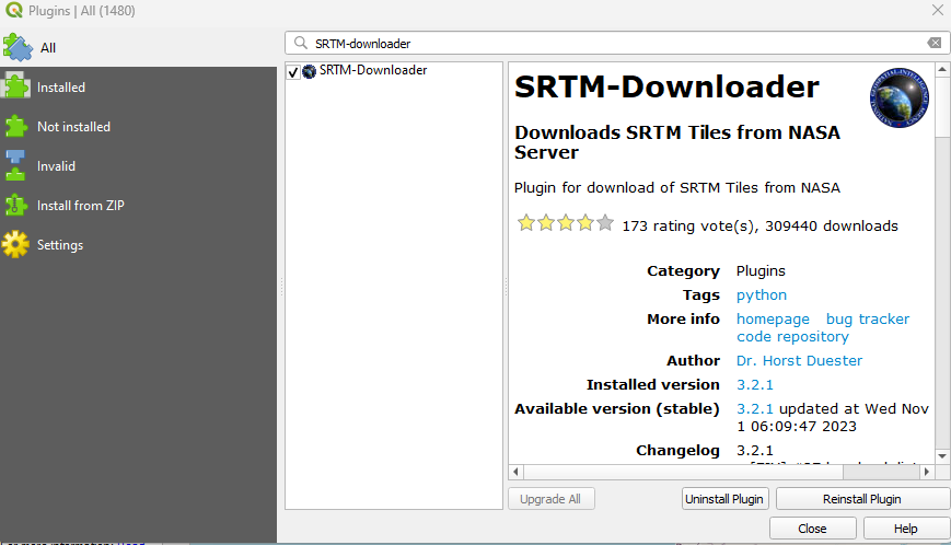 Screenshot showing the SRTM-downloader plugin interface for QGIS.