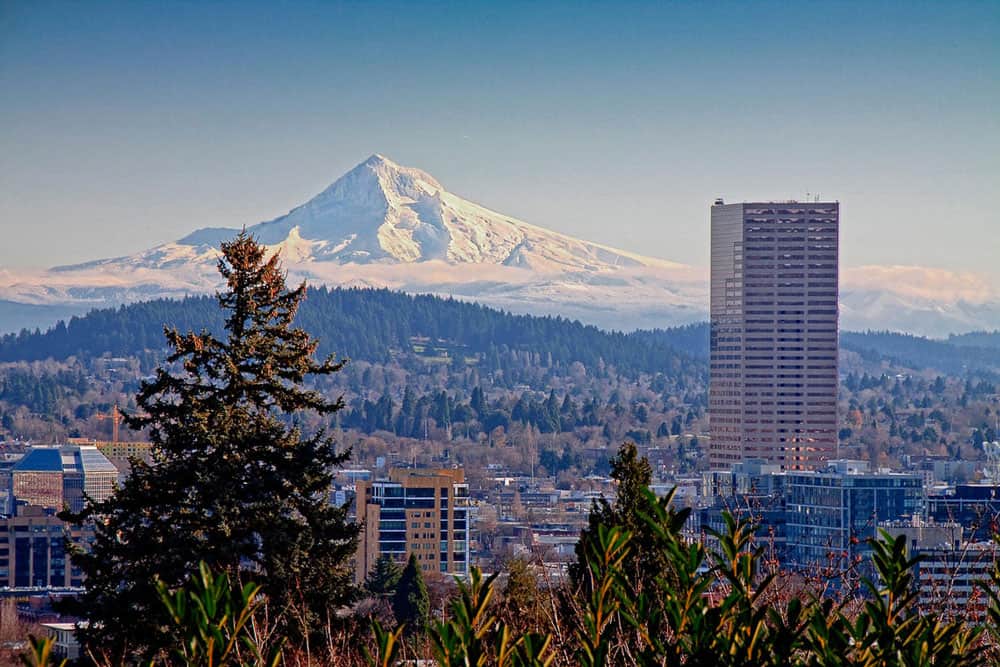 Mount Hood with the city of Portland, Oregon in the foreground.