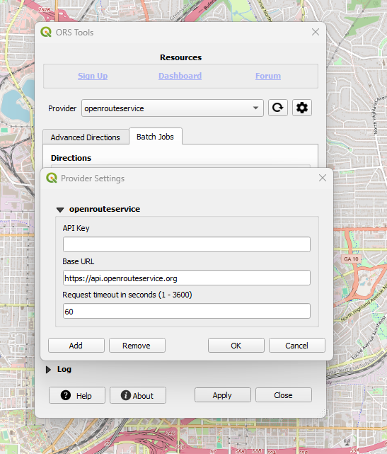 Screenshot showing the interface for entering the API key for the ORS QGIS plugin.