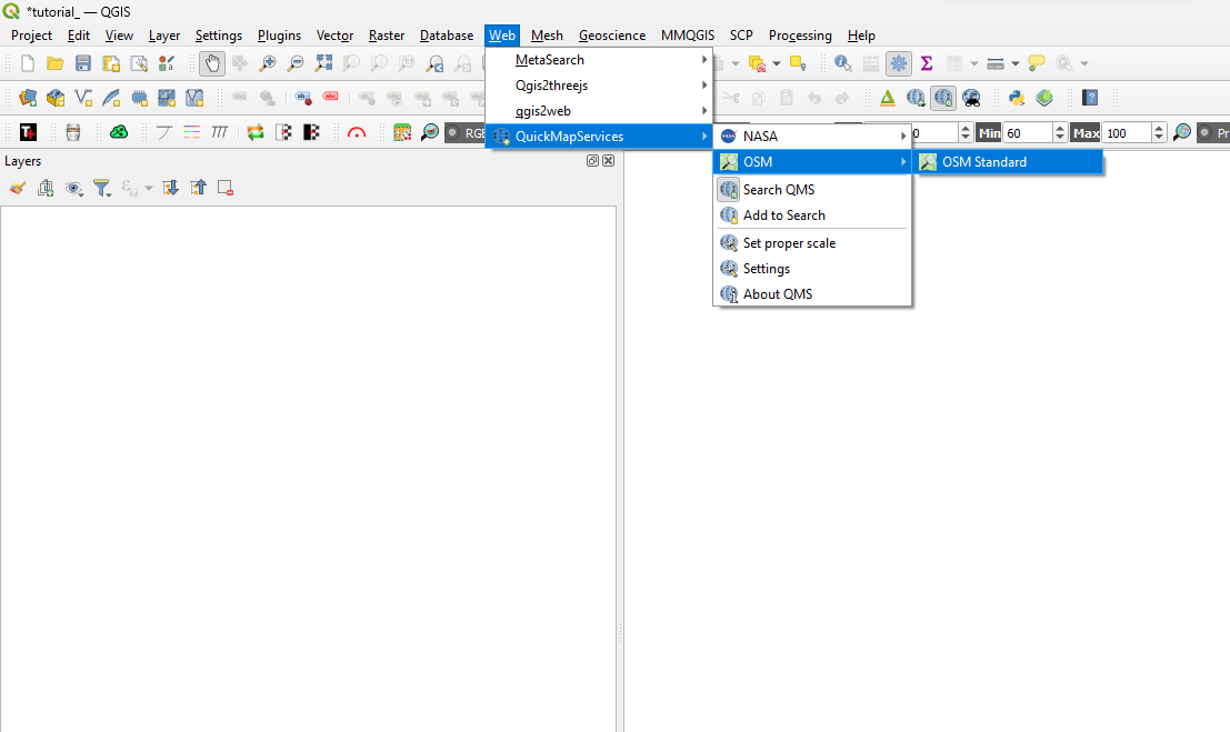 Screenshot from QGIS showing how to add OSM as a base map.