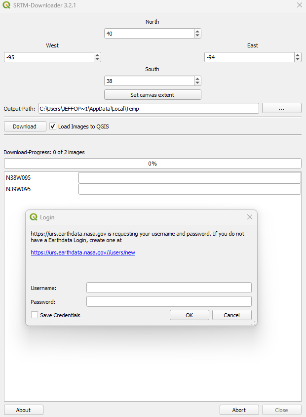 Screenshot showing the SRTM downloader interface in QGIS.