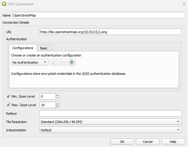 Screenshot showing the XYZ Connection interface in QGIS.