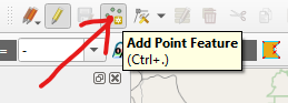 Screenshot showing a clipped view of the QGIS menu with an arrow pointing to the "add point features" menu option.