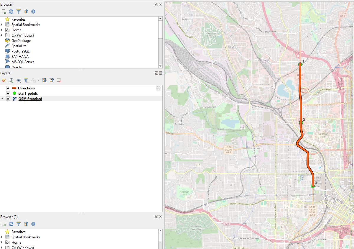 Screenshot showing a base OpenStreeMap in QGIS with a blood red line showing the fastest route between two points.