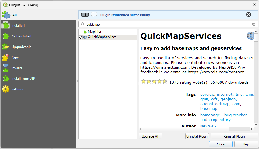 Screenshot showing the QuickMap plugin screen in QGIS.