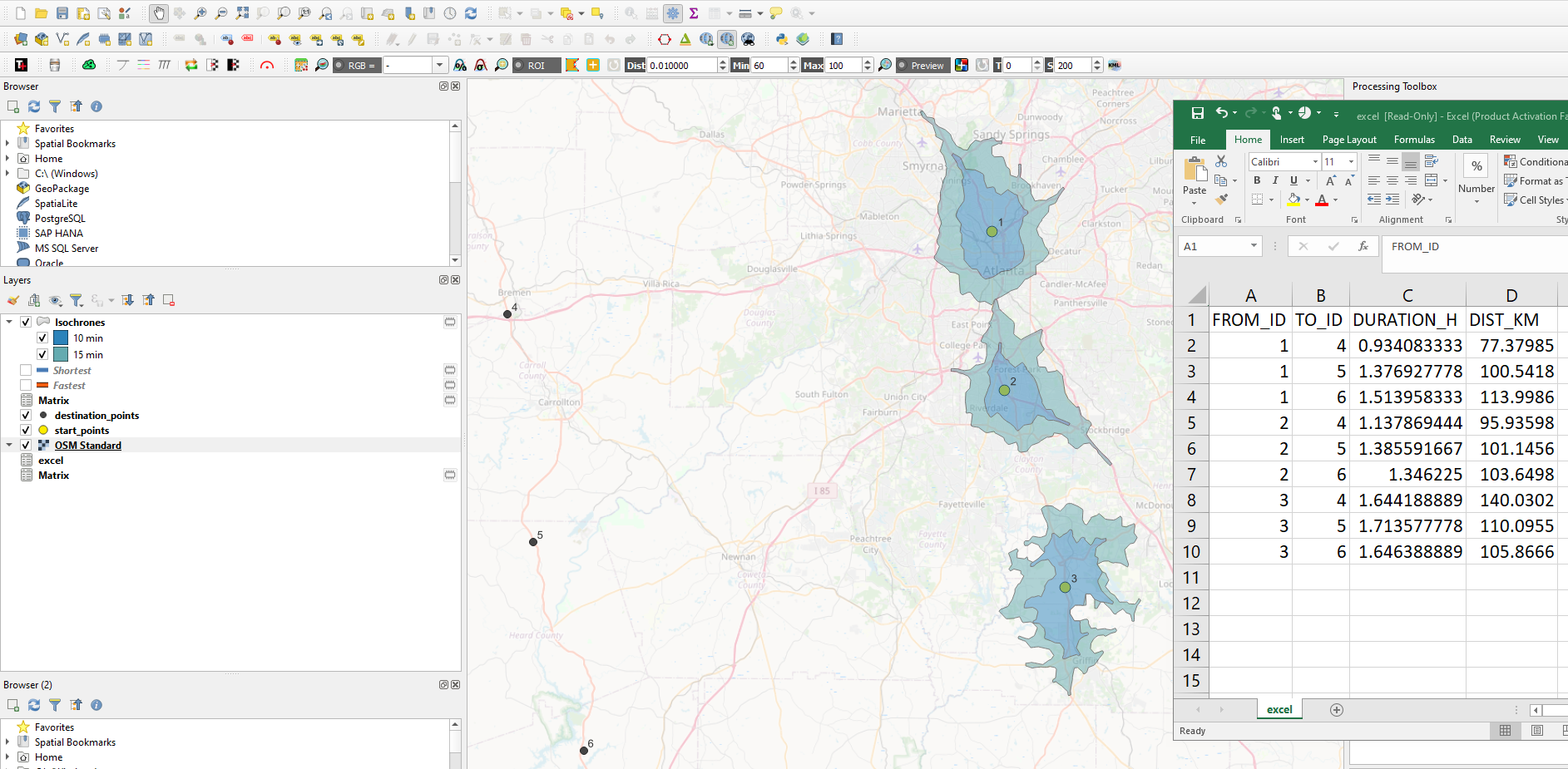 Screenshot of a map in QGIS showing 5, 10, and 15 minute drive times and a matrix in a spreadsheet showing shortest versus fastest distances between three points.