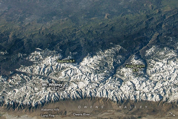 Mount Whitney from space. Astronaut photograph ISS050-E-17326 was acquired on December 19, 2016, and is provided by the ISS Crew Earth Observations Facility and the Earth Science and Remote Sensing Unit, Johnson Space Center.