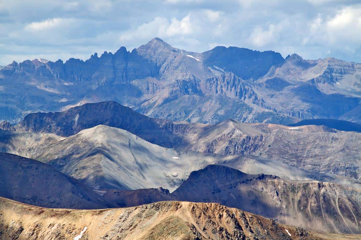 Looking southwest from Mt. Elbert (14,439 ft/4,401 m) across the Sawatch Range, Colorado, towards Castle Peak (14,278 ft/4,352 m).