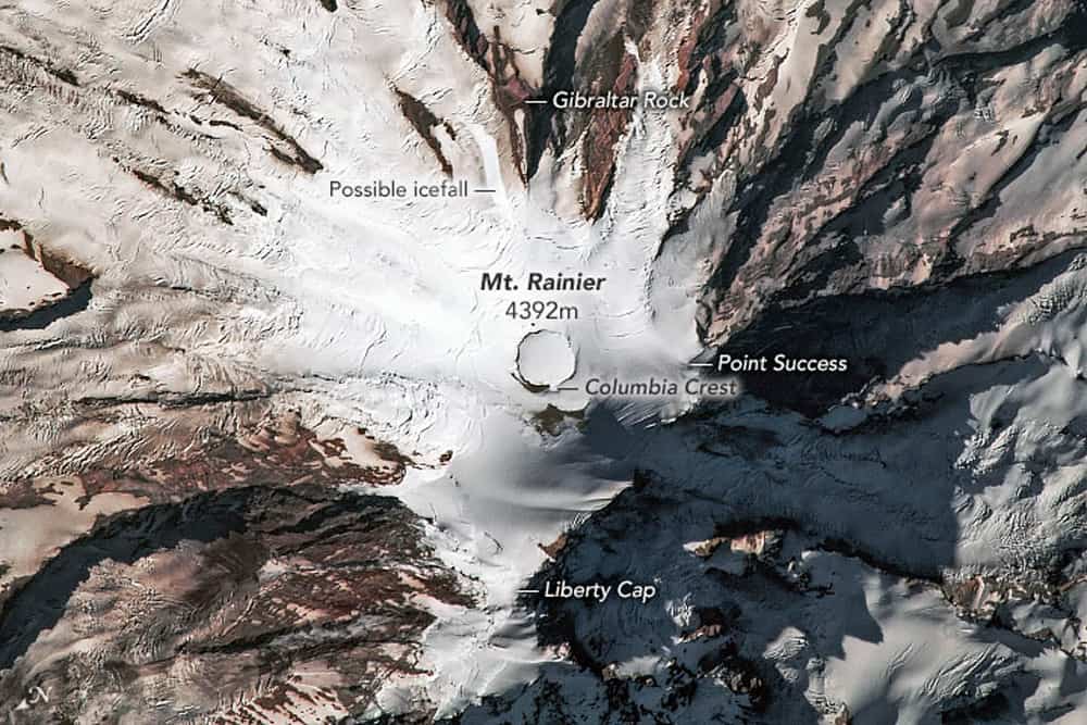 Astronaut photograph ISS056-E-85160 taken on July 8, 2018 shows a nadir view of Mount Rainier.