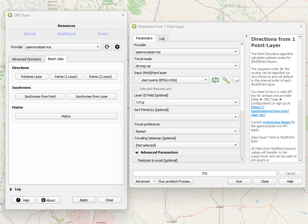 Screenshot showing the input parameters for mapping fastest routes using the ORS plugin in QGIS.