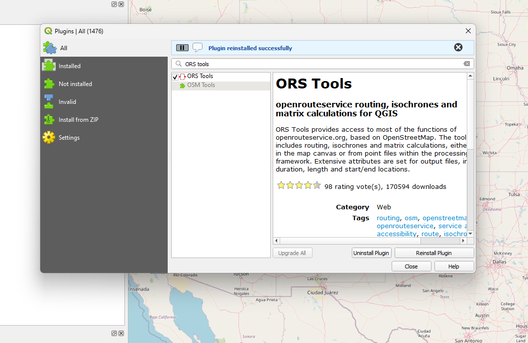 Screenshot showing the information page for the ORS plugin in QGIS.