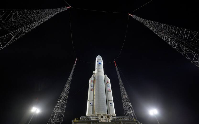 epa09656352 A handout photo made available by the NASA shows Arianespace's Ariane 5 rocket with NASA s James Webb Space Telescope onboard, at the launch pad at Europe s Spaceport, the Guiana Space Center in Kourou, French Guiana, 23 December 2021 (issued 25 December 2021). The James Webb Space Telescope (sometimes called JWST or Webb) is a large infrared telescope with a 21.3 foot (6.5 meter) primary mirror. The observatory will study every phase of cosmic history from within our solar system to the most distant observable galaxies in the early universe. EPA/NASA/Bill Ingalls HANDOUT MANDATORY CREDIT: (NASA/Bill Ingalls) HANDOUT EDITORIAL USE ONLY/NO SALES