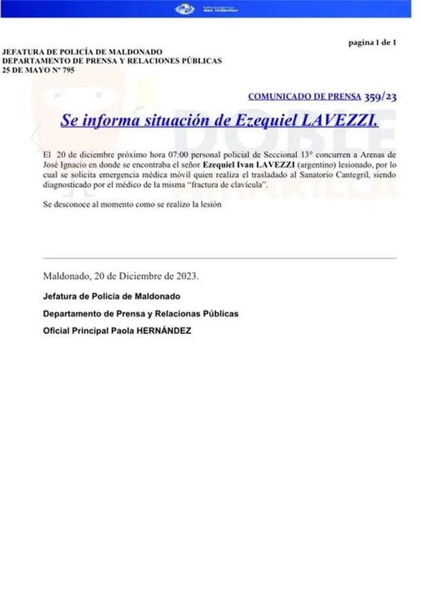 Il verbale della polizia che riassume la ricostruzione sull'incidente che ha coinvolto Ezequiel Lavezzi