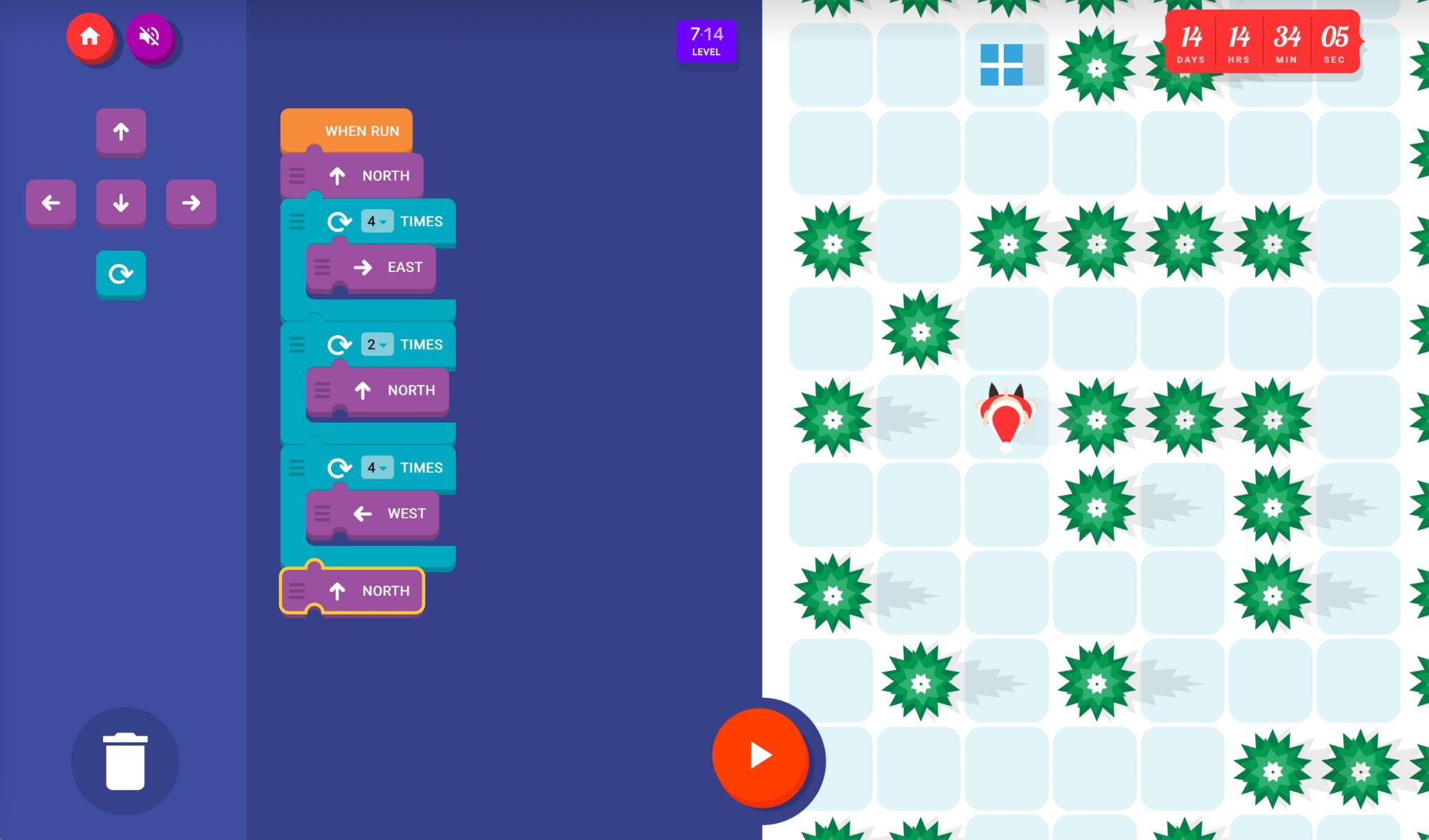 A screenshot of a basic coding game with a heads down look at Santa and grids.