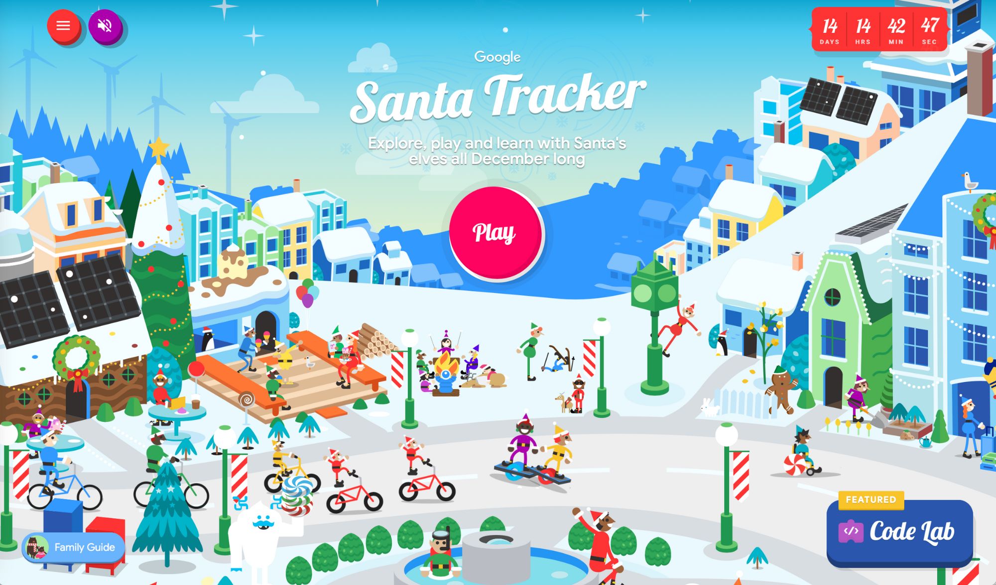 A screenshot of the Google Santa trackers featuring a winter snow and ski theme.