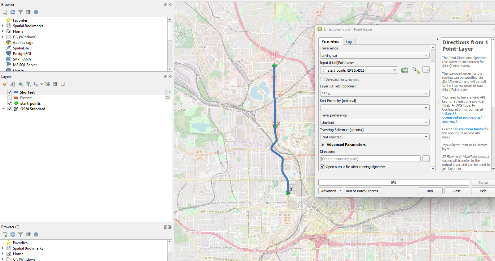 A screenshot showing a base street map with a bold blue line for the shortest distance between three points.