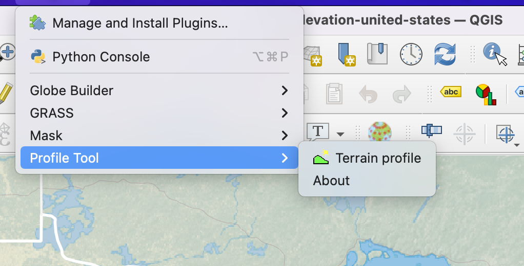 Screenshot showing the location of the Terrain cross-section tool in QGIS.