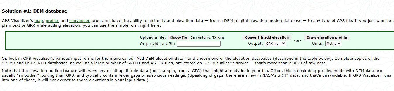 A screenshot showing the web interface for converting a file into a digital elevation model