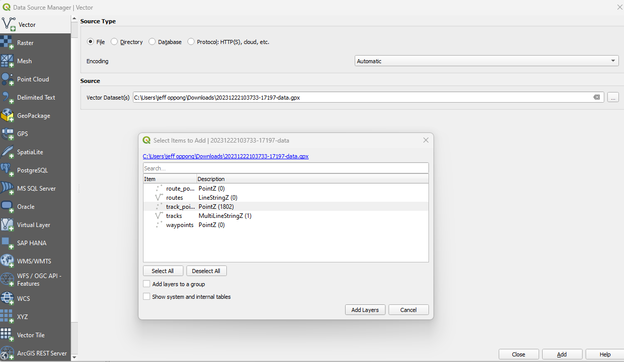 A screenshot showing the data import interface in QGIS