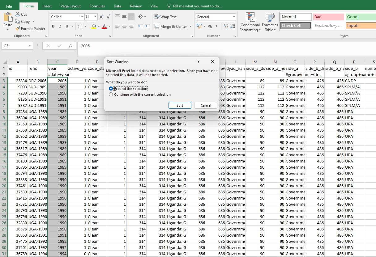 Screenshot showing an Excel table with a warning about sorting the data.