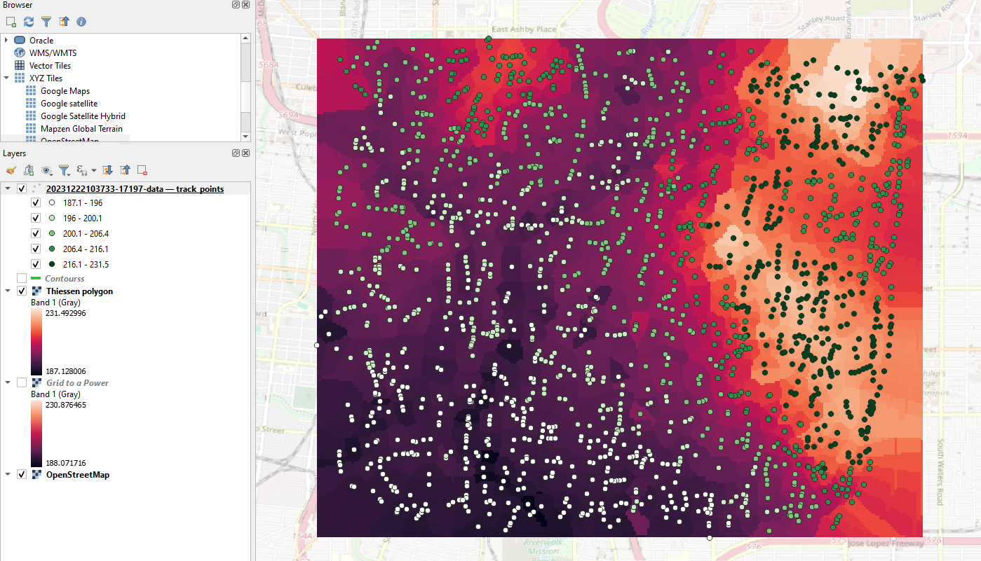 A screenshot showing green gradient elevation points on top of a raster layer with a yellow to dark red elevation gradient.