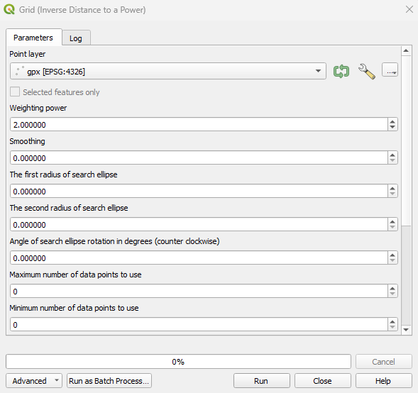 Screenshot showing the IDW interpolation interface in QGIS.