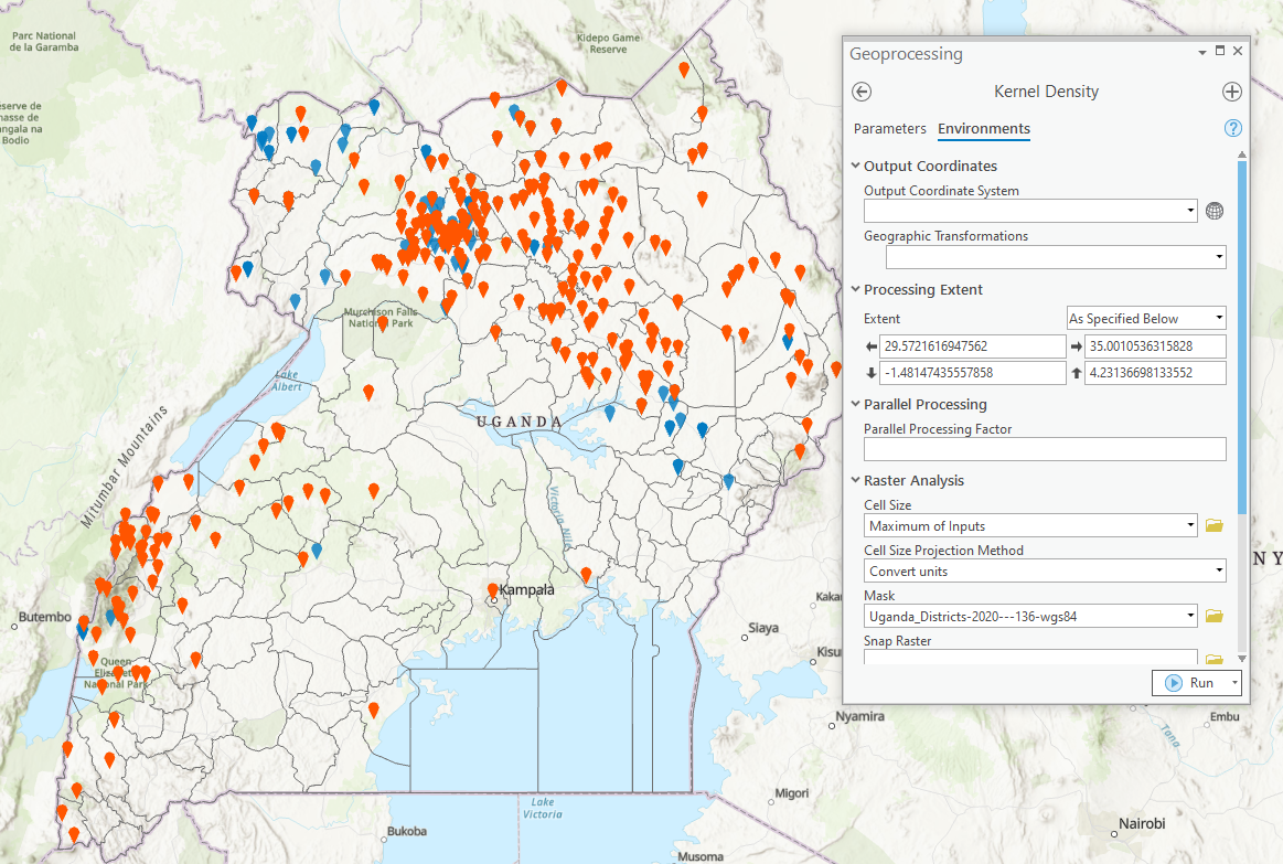 Screenshot showing a map of Uganda in ArcGIS Pro with red dots to show conflict locations.