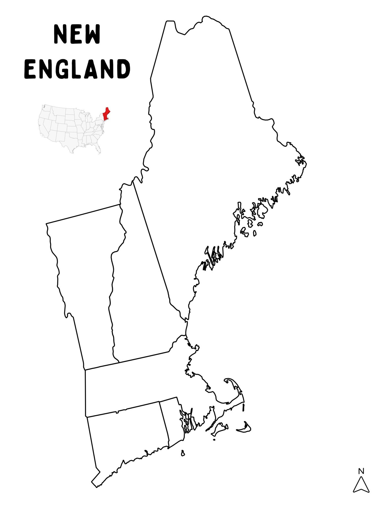 An outline map of New England in black and white.