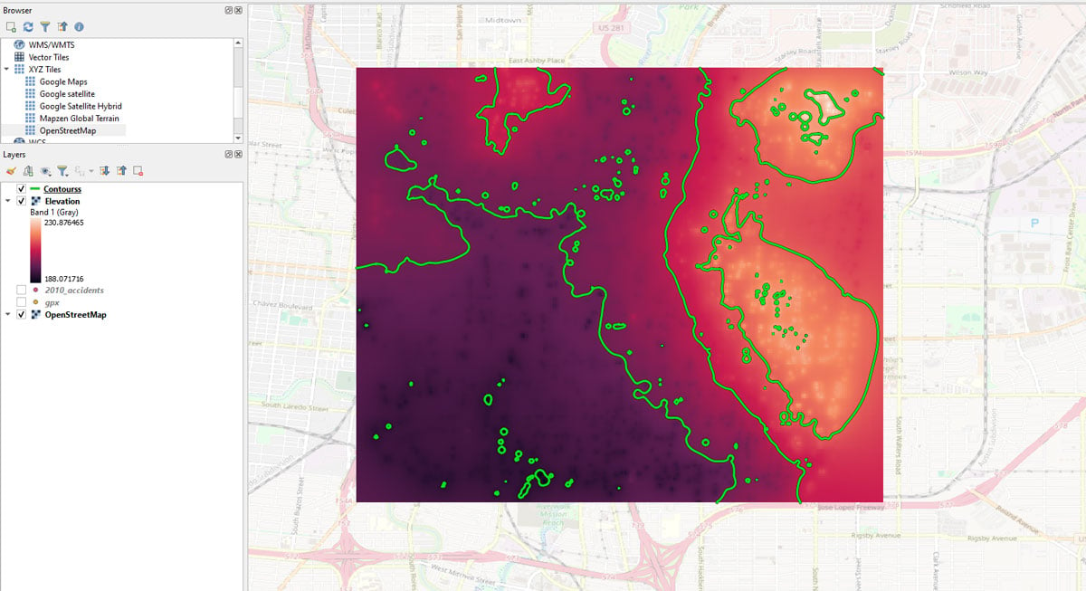 A screenshot showing the results of using the contour tool with contours as green lines and an underlying yellow to dark red elevation raster layer. 