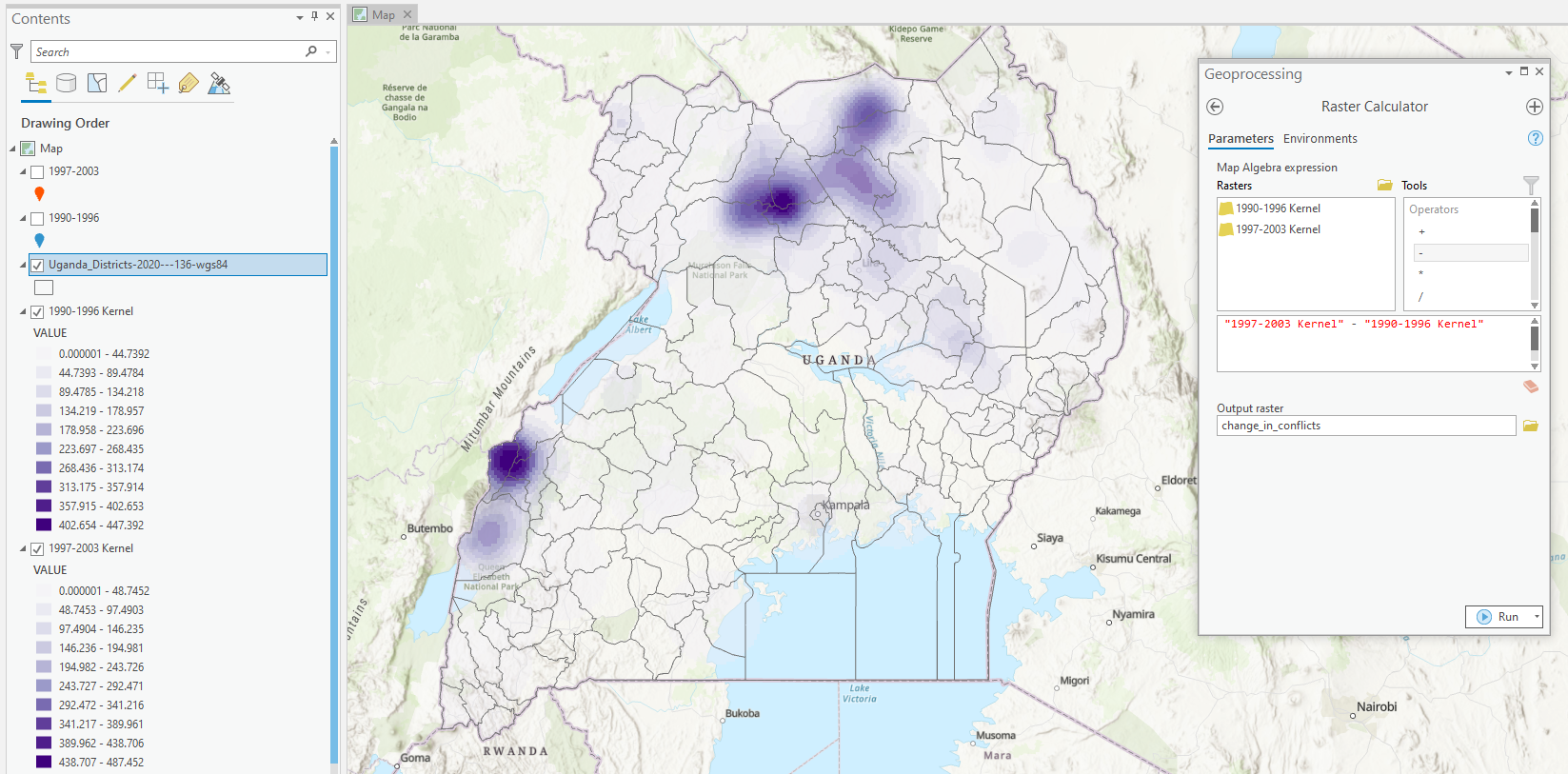 Screenshot showing ArcGIS Pro map with a purple gradient raster overlay.