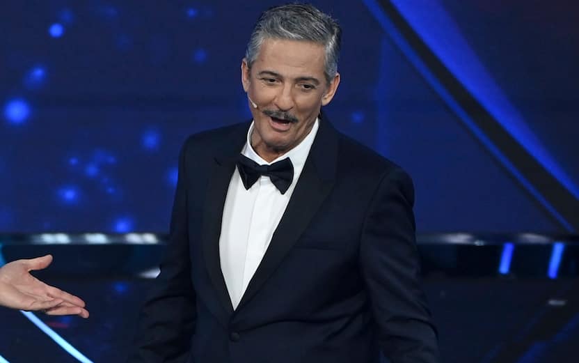 Italian TV host Amadeus (Amedeo Sebastiani) and Italian showman and comedian Fiorello at 74 Sanremo Music Festival. First evening. Sanremo (Italy), February 6th, 2024 (Photo by Pool Insabato Rovaris/Mondadori Portfolio via Getty Images)