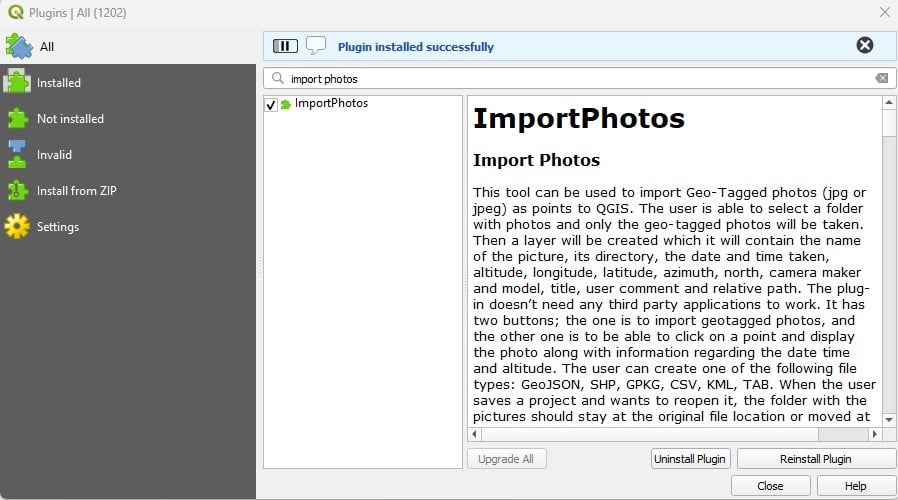 Screenshot showing the import photos plugin page within QGIS.