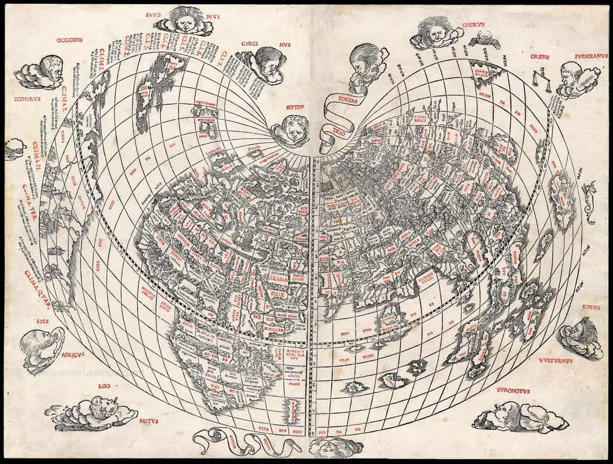 This 1511 World map by Bernard Sylvanus is one of the earliest known two-color cartographic works and the first western map to indicate Japan.