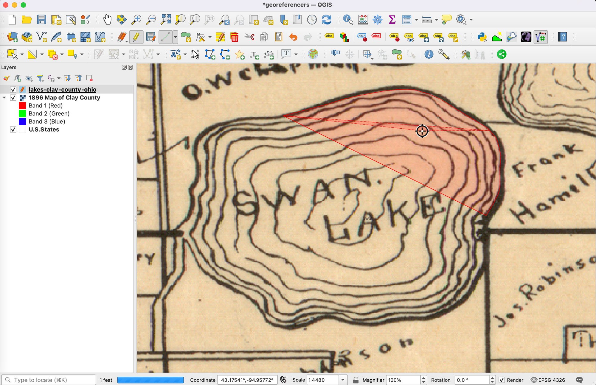 A screenshot showing a drawing of a lake on a map with a red screen overlay indicating where the AI plugin is digitizing the feature.