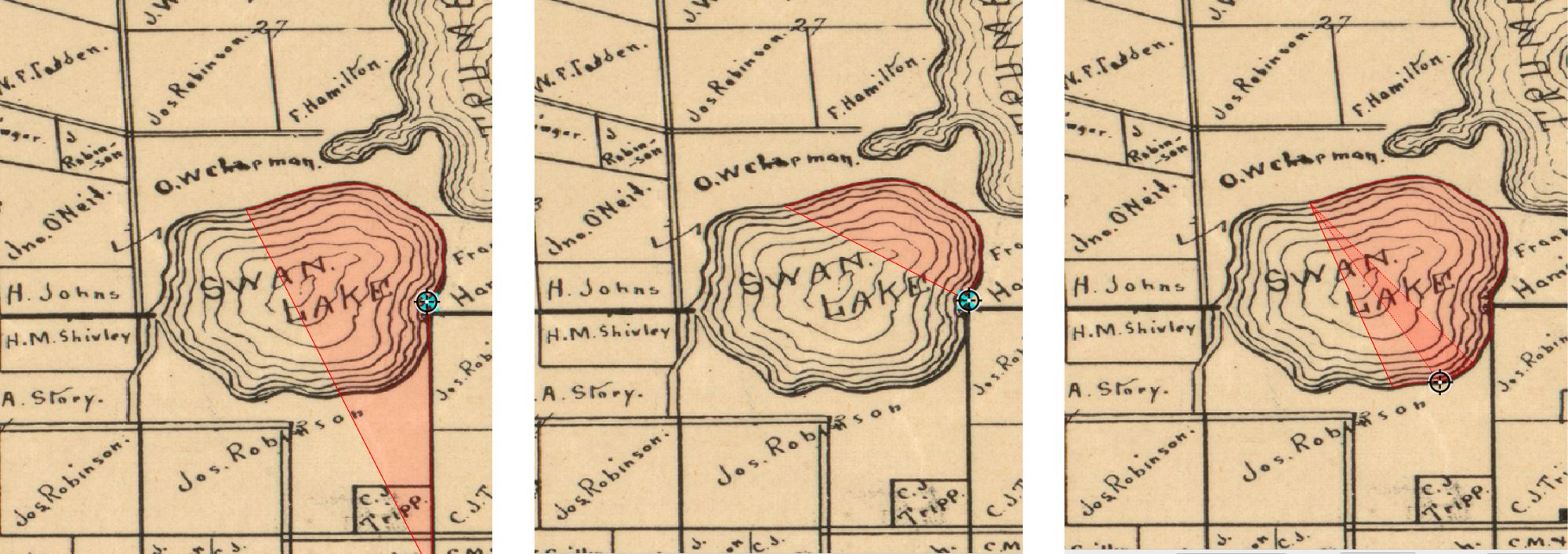 Side by side map clips showing correcting errant digitizing.