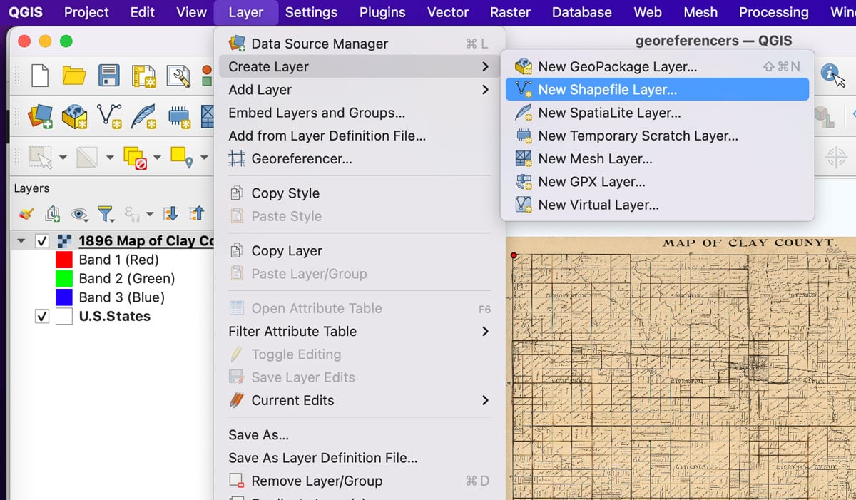 Screenshot showing how to create a new layer in QGIS.