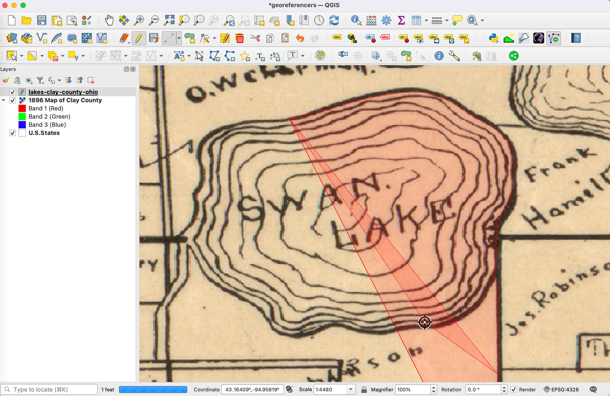 A screenshot showing a close up view of a lake on an old map with red screen overlay showing the results of digitization veering off from the lake and along property lines.