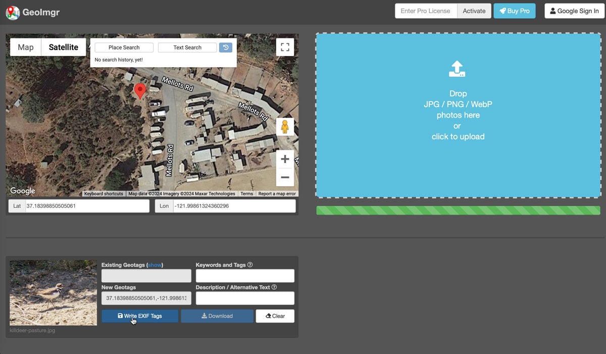 Screenshot showing the geoimgr service that lets users upload a photo and assign geographic coordinates.