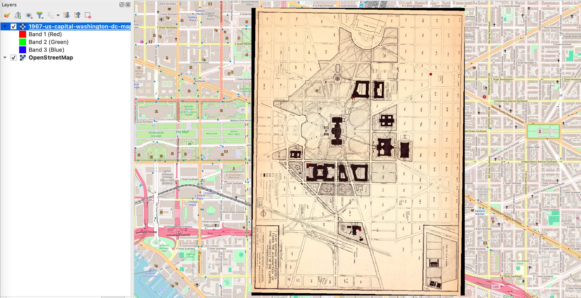 A view of the QGIS map canvas with a scanned map overlaying OpenStreetMap street data.