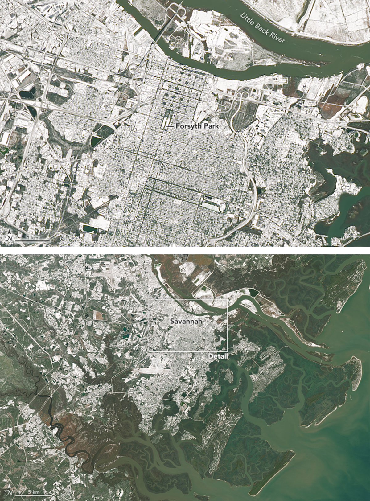 A detailed view (top) of a satellite image around Savannah, Georgia with the bottom image a zoomed out view of the region.