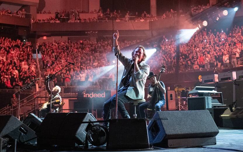 AUSTIN, TEXAS - SEPTEMBER 18: (L-R) Lead guitarist Mike McCready, lead singer, songwriter and guitarist Eddie Vedder and bassist Jeff Ament of Pearl Jam performs live on stage at Moody Center on September 18, 2023 in Austin, Texas. (Photo by Jim Bennett/Getty Images)