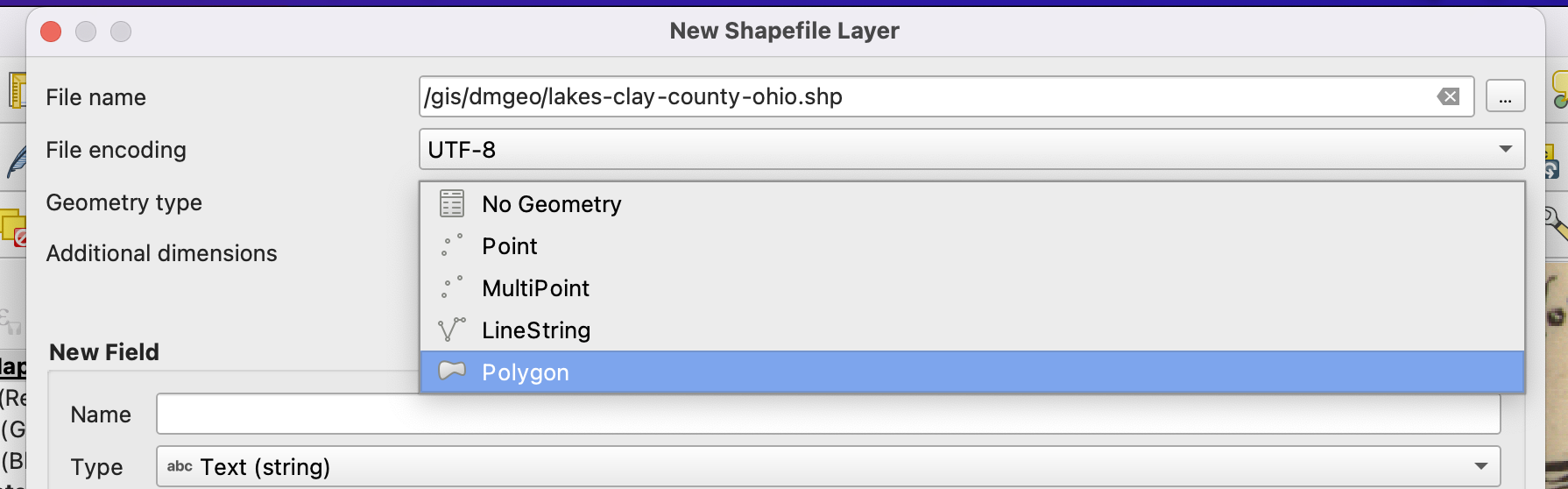 Screenshot showing how to set up a new shapefile layer.