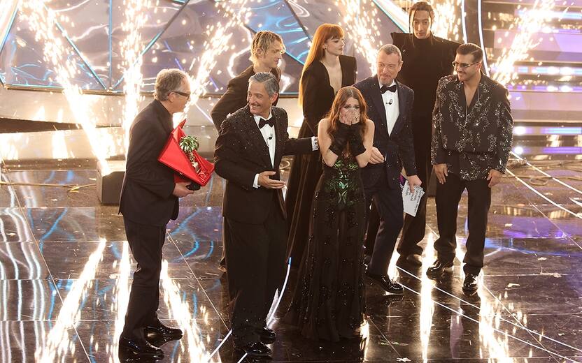 SANREMO, ITALY - FEBRUARY 11: Angelina Mango receives the Leoncino D’Oro Award during the 74th Sanremo Music Festival 2024 at Teatro Ariston on February 11, 2024 in Sanremo, Italy. (Photo by Daniele Venturelli/Daniele Venturelli/Getty Images )