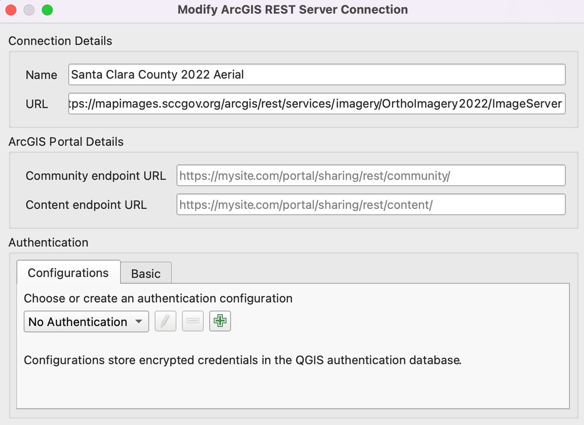 Screenshot showing the parameters for adding Santa Clara County 2022 aerials into QGIS.