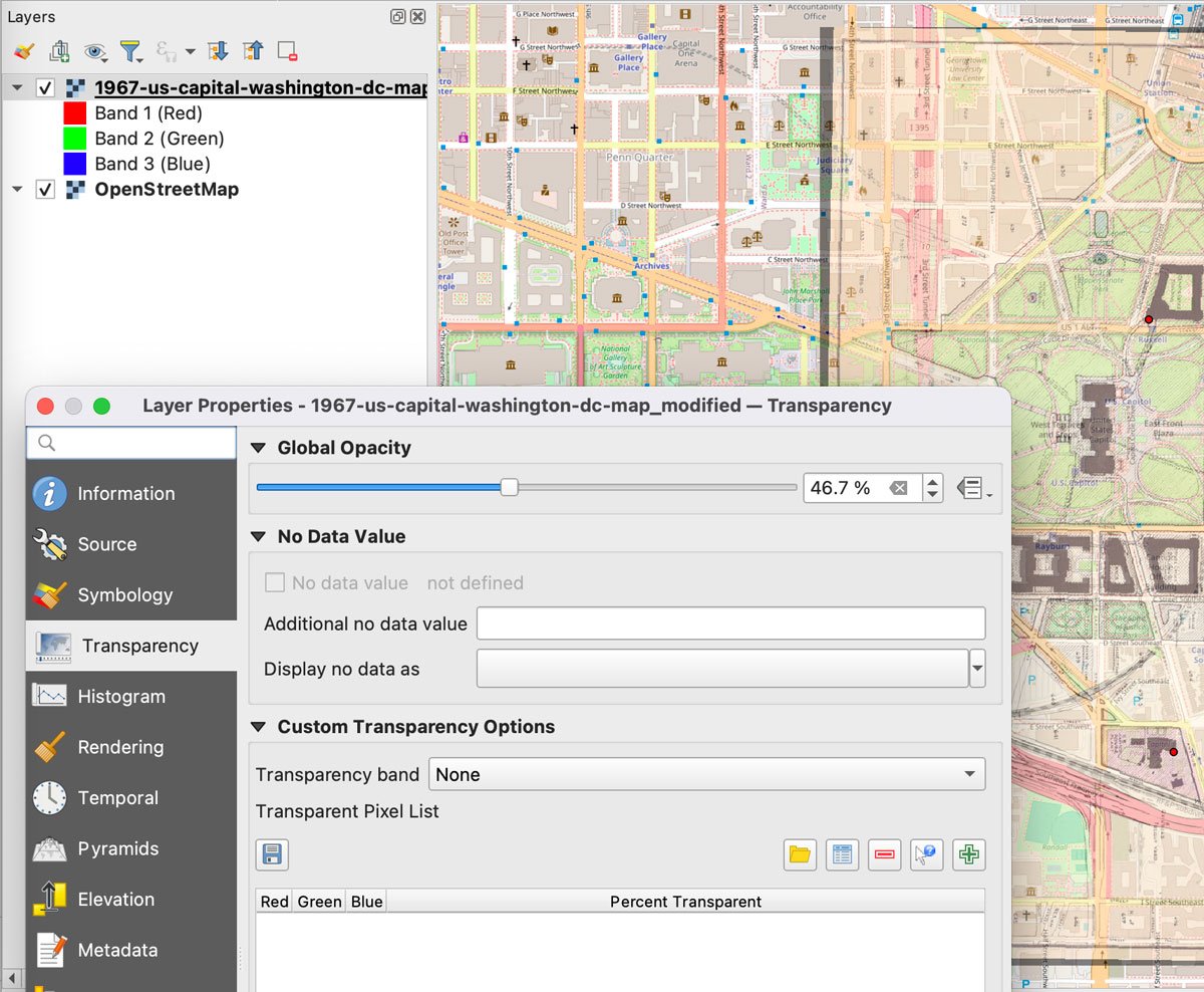 A scanned map that has been georeferenced and made 50% transparent to show the underlying OpenStreetMap base layers.