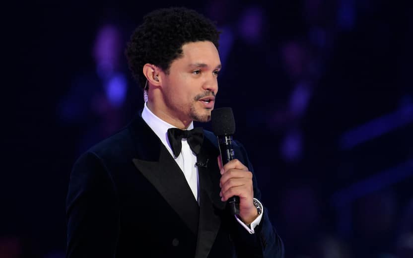 Feb 5, 2023; Los Angeles, CA, USA; Trevor Noah speaks during the 65th Annual Grammy Awards at Crypto.com Arena in Los Angeles on Sunday, Feb. 5, 2023.. Mandatory Credit: Robert Hanashiro-USA TODAY/Sipa USA