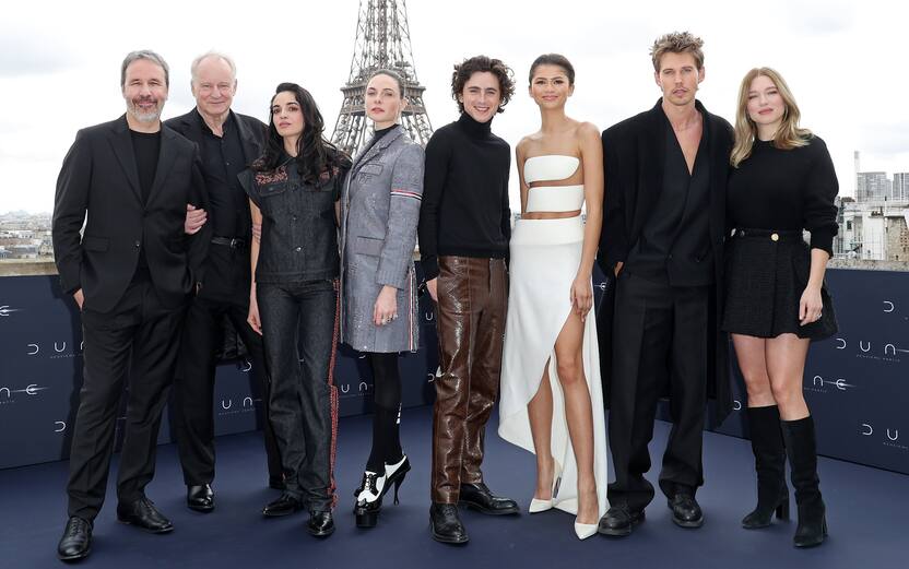 PARIS, FRANCE - FEBRUARY 12: Director Denis Villeneuve, Stellan SkarsgÃ¥rd, Souheila Yacoub, Rebecca Ferguson, TimothÃ©e Chalamet, Zendaya, Austin Butler and LÃ©a Seydoux attend the "Dune 2" Photocall at Shangri La Hotel on February 12, 2024 in Paris, France. (Photo by Pascal Le Segretain/Getty Images)