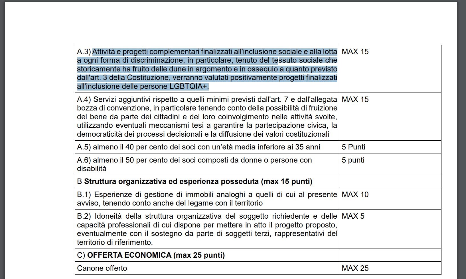 Alcuni dei criteri del bando